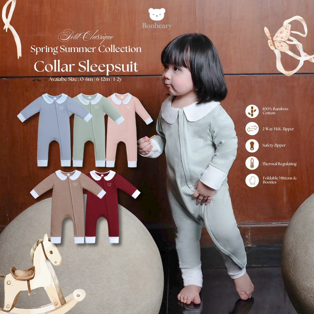 BONBEARY Bamboo Cotton Collar Sleepsuit Twotone 0 - 2 years ( Sleepsuit Jumpsuit Baby Sleepwear/ Children's Bamboo Cotton Sleepwear Set 0 - 2 years) - Petit Classique Cora Sleepsuit Twotone - Petit Classique Cora Sleepsuit Twotone
