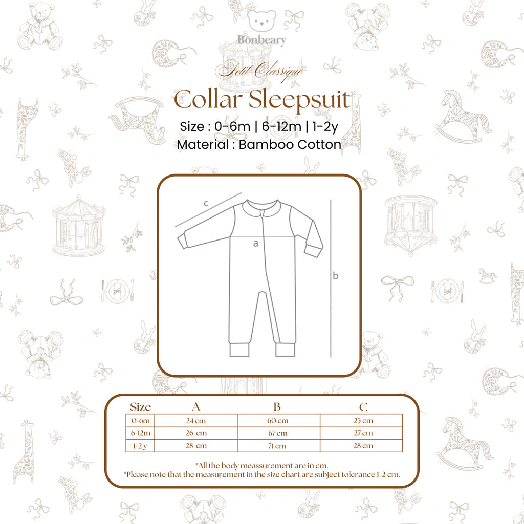 BONBEARY Bamboo Cotton Collar Sleepsuit 0 - 2 years ( Sleepsuit Jumpsuit Pajama/ Baby Sleepwear/ Children's Bamboo Cotton Sleepwear Set 0 - 2 years) - Petit Classic Cora Sleepsuit